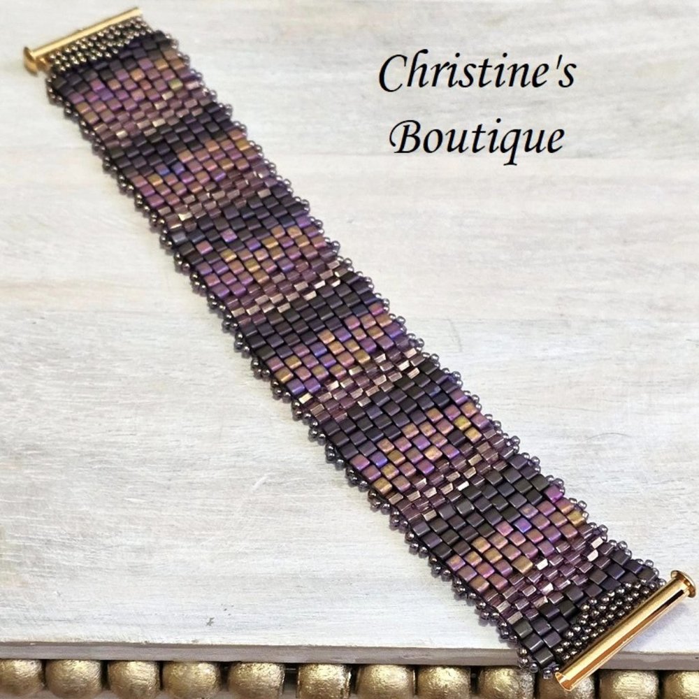 Handmade Miyuki Glass square bead peyote bracelet eggplant purple ombre colors
